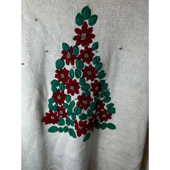 Vintage Work In Progress Ivory Red Floral Christmas Tree 3/4 Sleeve Sweater Sz M - Picture 5 of 13